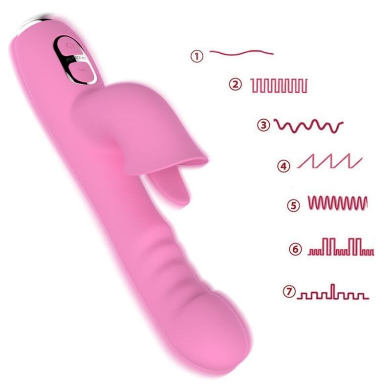 Vibrateur lapin rose vue de trois quarts avec les 7 symboles de modes de vibration illustrés à droite