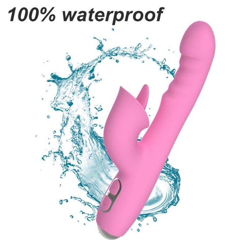 Vibrateur lapin rose vue de face avec éclaboussures d'eau en illustration, mention "100% waterproof"