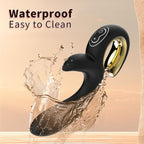 Vibrateur lapin noir sous un jet d'eau avec éclaboussures, mention "Waterproof Easy to Clean"