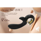 Vibrateur lapin noir posé sur des billes décoratives, mention "Strong But QUIET" et "<50db"