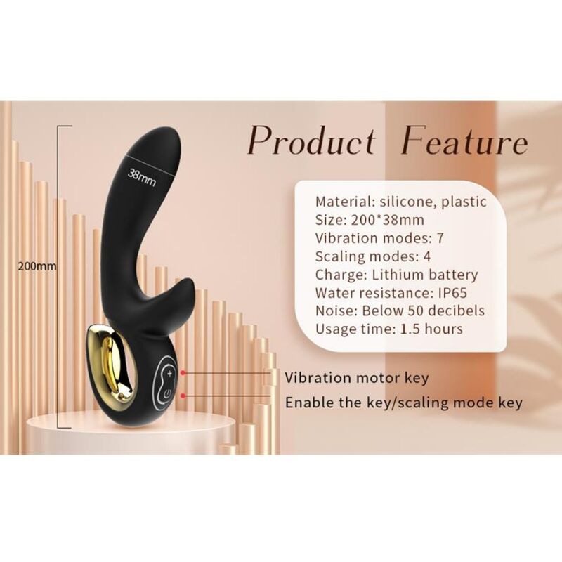 Schéma du vibrateur lapin noir avec cotes 200 x 38 mm et fiche technique (silicone/plastique, 7 modes de vibration, 4 modes de va-et-vient, IP65, moins de 50 décibels)