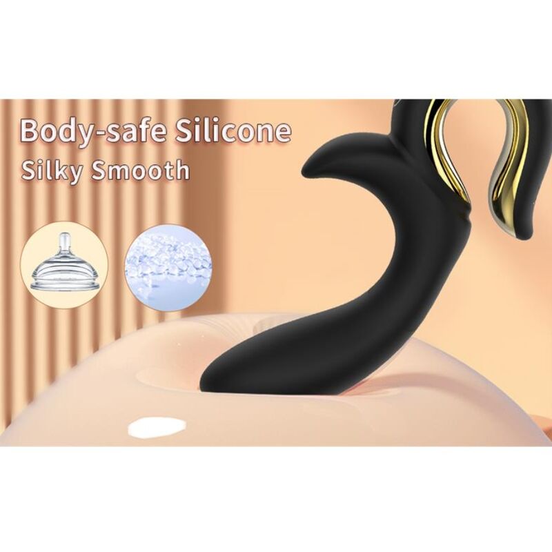 Gros plan sur le bras clitoridien et l'anneau doré du vibrateur lapin noir, mention "Body-safe Silicone Silky Smooth"