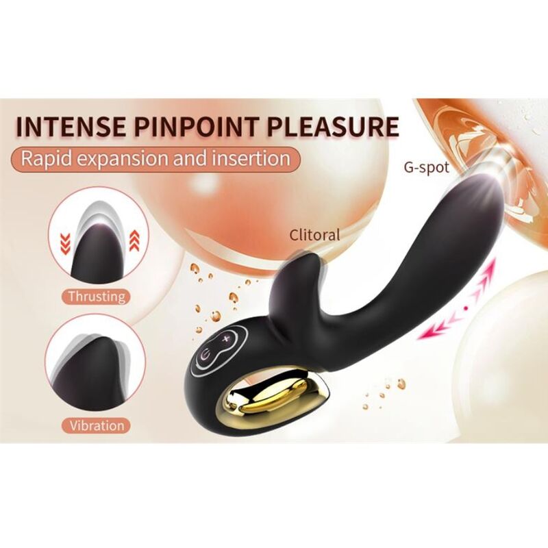 Vibrateur lapin noir en illustration, mention "Intense Pinpoint Pleasure Rapid expansion and insertion", zones thrusting/vibration indiquées