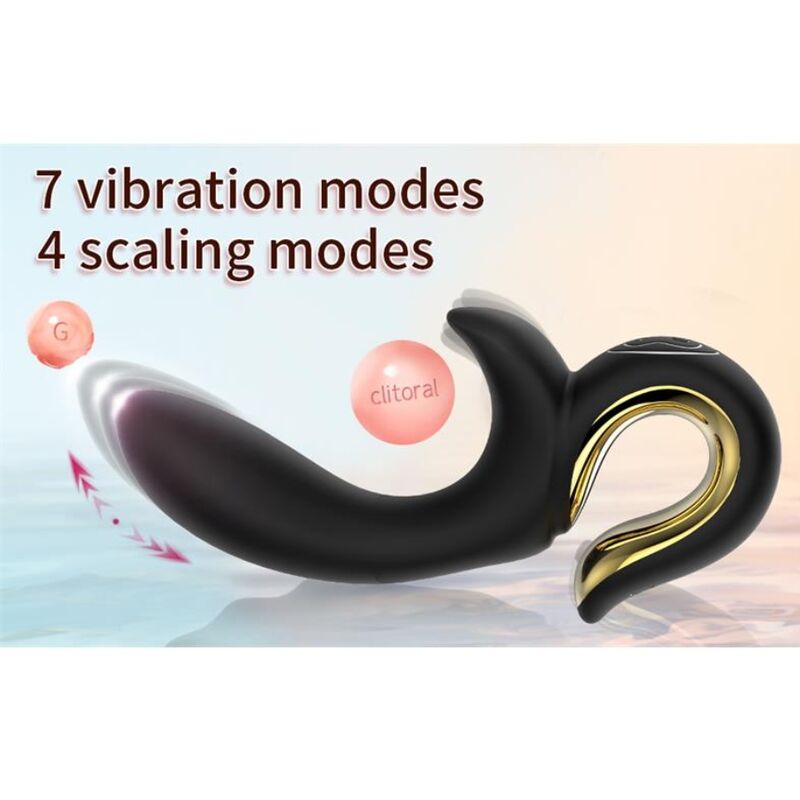Vibrateur lapin noir en illustration, mention "7 vibration modes, 4 scaling modes", zones G et clitoridienne indiquées par des pastilles colorées