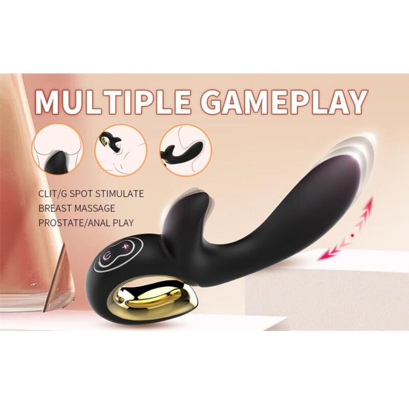 Vibrateur lapin noir posé sur un plan incliné, mention "Multiple Gameplay" et pastilles d'usages (clitoris/point G, seins, prostate/anal)