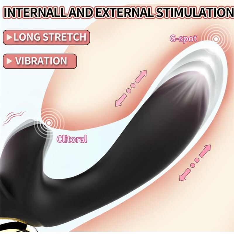 Vibrateur lapin noir en illustration anatomique, mention "Internal and External Stimulation", "Long Stretch", "Vibration", zones G-spot et clitoridienne indiquées
