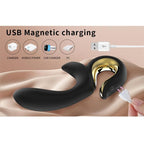 Vibrateur lapin noir vue de trois quarts avec pictogrammes de recharge USB magnétique (chargeur, batterie externe, chargeur voiture, PC)