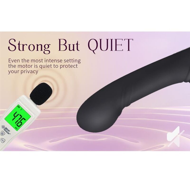 Vibrateur lapin noir posé sur une surface avec effet d'éclaboussures, mention "Strong But QUIET" et sonomètre affichant 47,6 dB
