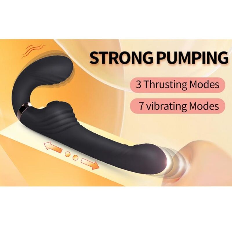Vibrateur lapin noir en illustration sur fond orangé, mention "Strong Pumping", "3 Thrusting Modes", "7 vibrating Modes"