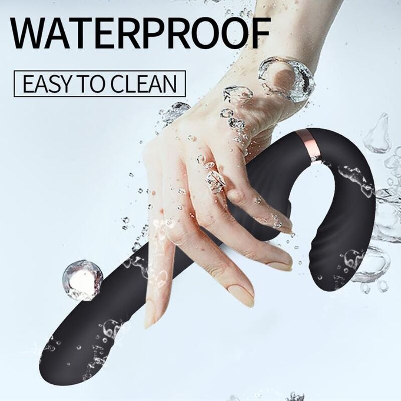 Vibrateur lapin noir tenu sous l'eau par une main, mention "Waterproof Easy to Clean"