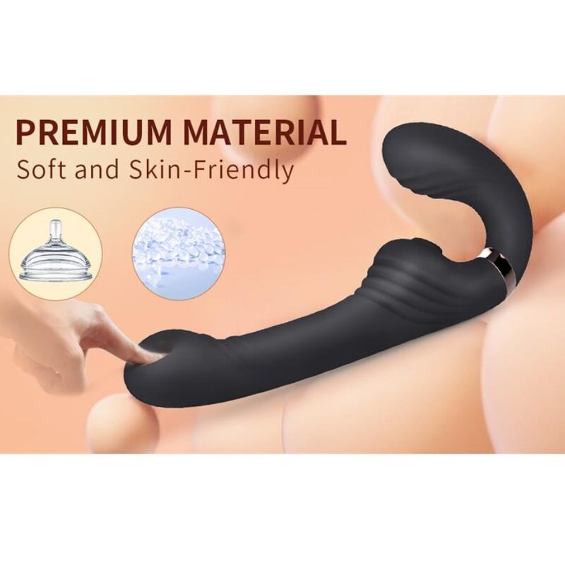 Vibrateur lapin noir en illustration sur fond de peau, mention "Premium Material Soft and Skin-Friendly" avec pastilles matière