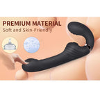 Vibrateur lapin noir en illustration sur fond de peau, mention "Premium Material Soft and Skin-Friendly" avec pastilles matière