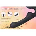 Vibrateur lapin noir en illustration, mention "Interesting Play" avec pastilles d'usages (stimulation clitoridienne/point G, massage des seins, jeu prostatique/anal)
