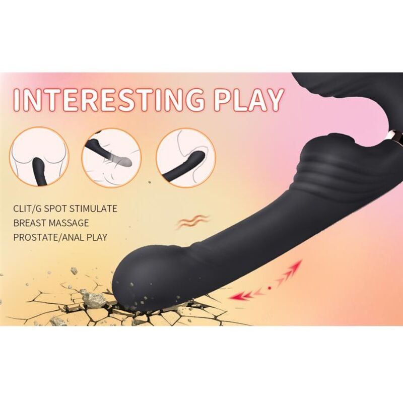 Vibrateur lapin noir en illustration, mention "Interesting Play" avec pastilles d'usages (stimulation clitoridienne/point G, massage des seins, jeu prostatique/anal)
