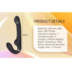 Schéma du vibrateur lapin noir avec cotes 240 x 37 mm et fiche technique (silicone/ABS, 7 modes de vibration, 3 modes de va-et-vient, IP65, moins de 50 décibels)