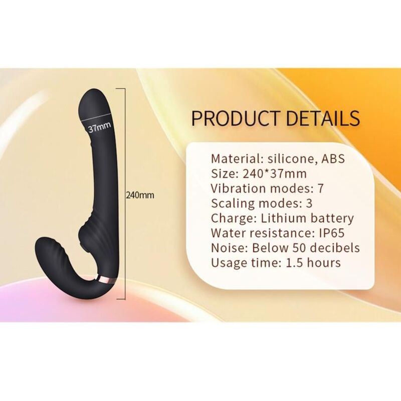 Schéma du vibrateur lapin noir avec cotes 240 x 37 mm et fiche technique (silicone/ABS, 7 modes de vibration, 3 modes de va-et-vient, IP65, moins de 50 décibels)