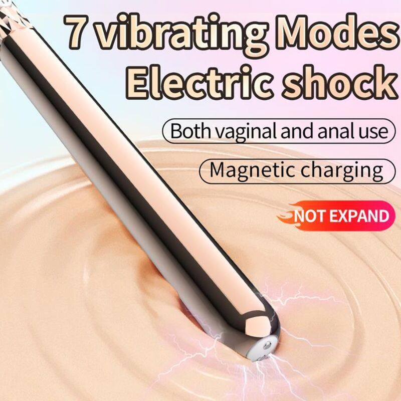 Vibrateur Tia allongé sur un fond illustrant une peau, visuel promotionnel anglais sur les 7 modes de vibration