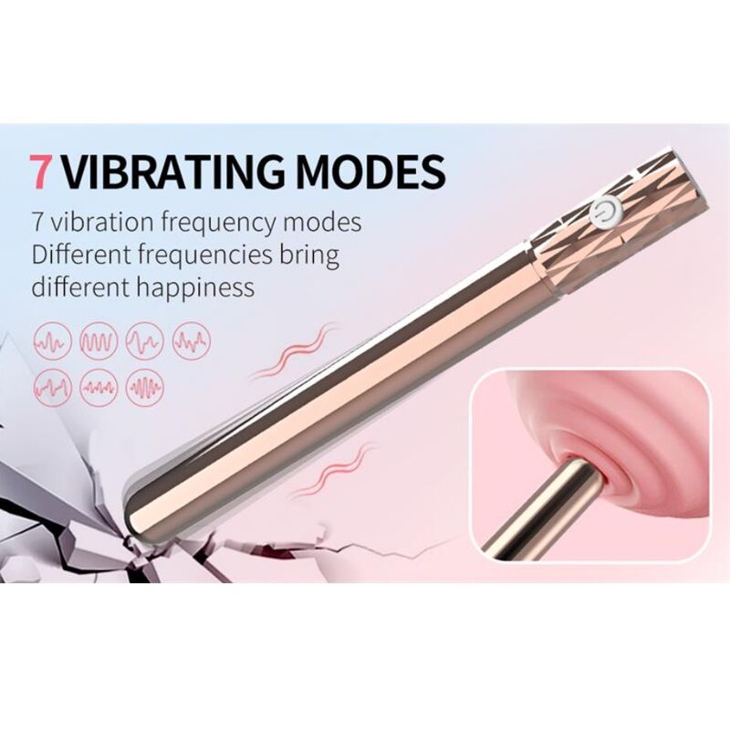Gros plan sur l'embout arrondi du vibrateur Tia appliqué contre une surface rose, avec pictogrammes des modes de vibration