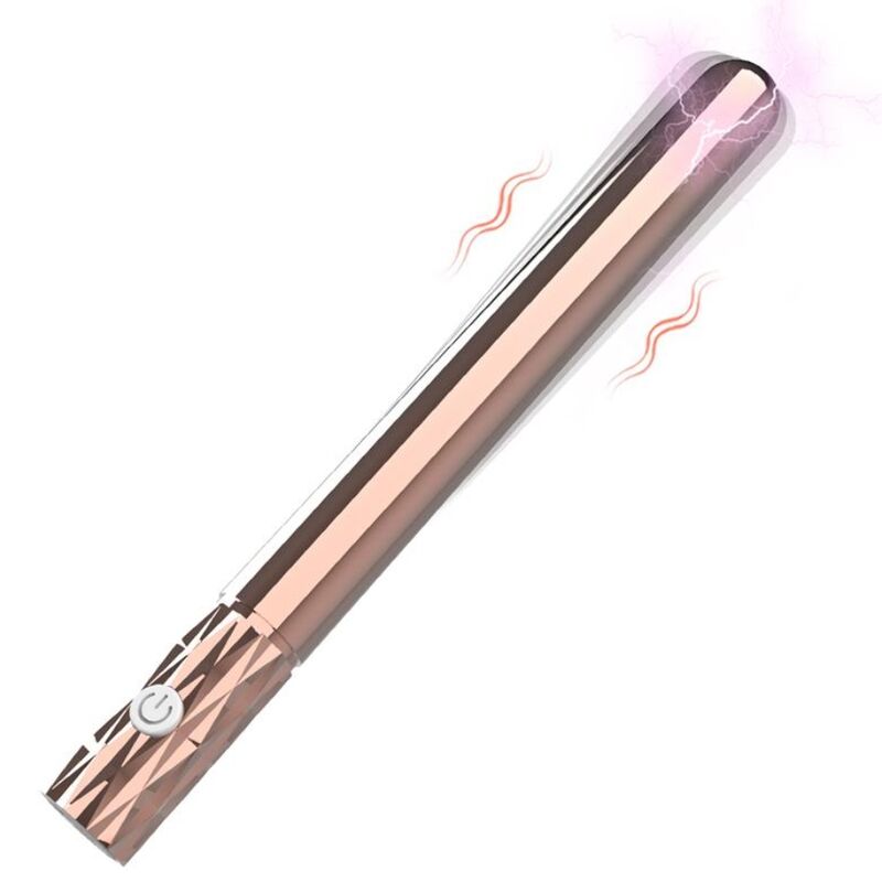 Vibrateur Tia en forme de bâton rose gold, vu en diagonale sur fond blanc, embout arrondi entouré d'un effet d'éclairs