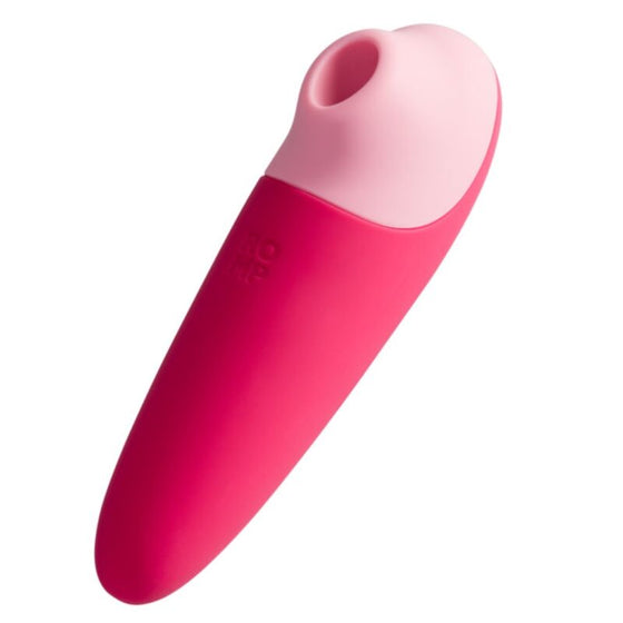 Stimulateur clitoridien par succion Shine X ROMP en silicone rose vu de face, col flexible et tete enveloppante pour une stimulation sans contact a 10 niveaux.