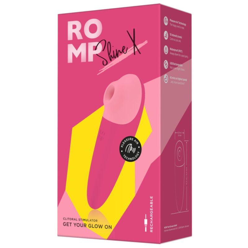 Packaging du stimulateur ROMP Shine X rose, modèle rechargeable à ondes de pression avec 10 niveaux.