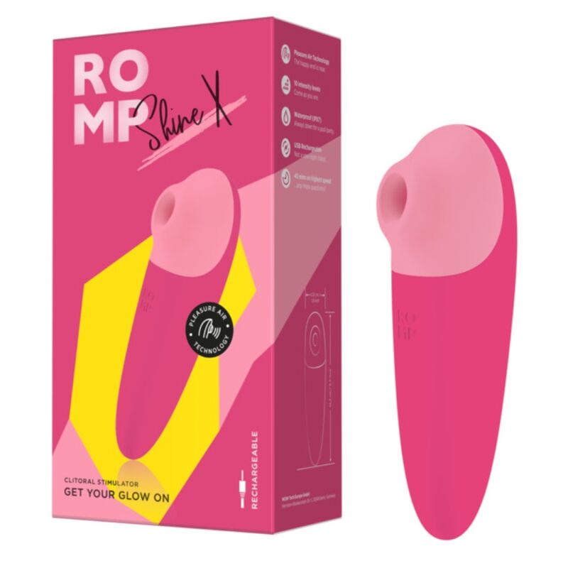 ROMP Shine X rose présenté avec sa boîte, stimulateur clitoridien rechargeable à ondes de pression.