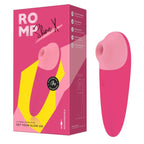ROMP Shine X rose présenté avec sa boîte, stimulateur clitoridien rechargeable à ondes de pression.