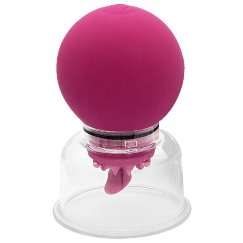 Pompe She.E.O magenta vue de face, poire de succion ronde surmontant la coupelle transparente