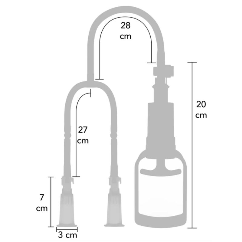 Schéma des dimensions en taille S/M : ventouses de 3 cm de diamètre sur 7 cm de hauteur, tube de 27 cm et poire manuelle de 20 cm