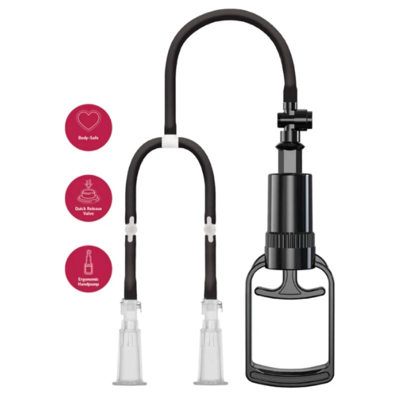 Pompe à vide pour tétons She.E.O sur fond blanc, avec pictogrammes body-safe, valve de décompression rapide et poire ergonomique