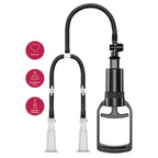 Pompe à vide pour tétons She.E.O sur fond blanc, avec pictogrammes body-safe, valve de décompression rapide et poire ergonomique