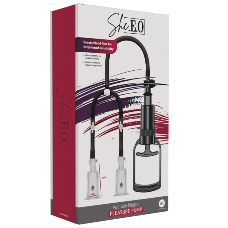 Boîte du coffret She.E.O Vacuum Nipple Pleasure Pump, taille M/L, vue de trois quarts