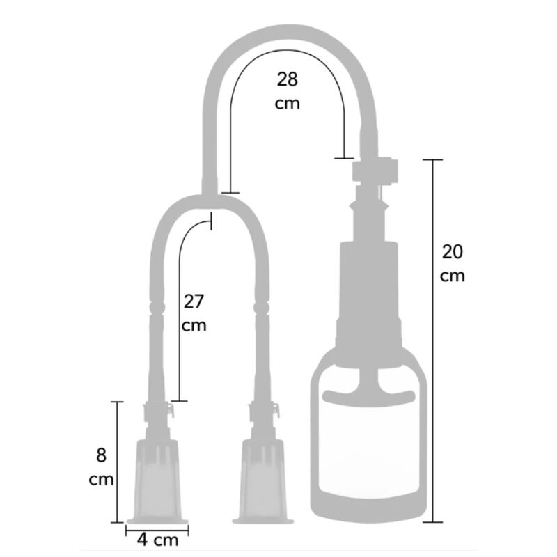 Schéma des dimensions en taille M/L : ventouses de 4 cm de diamètre sur 8 cm de hauteur, tube de 27 cm et poire manuelle de 20 cm