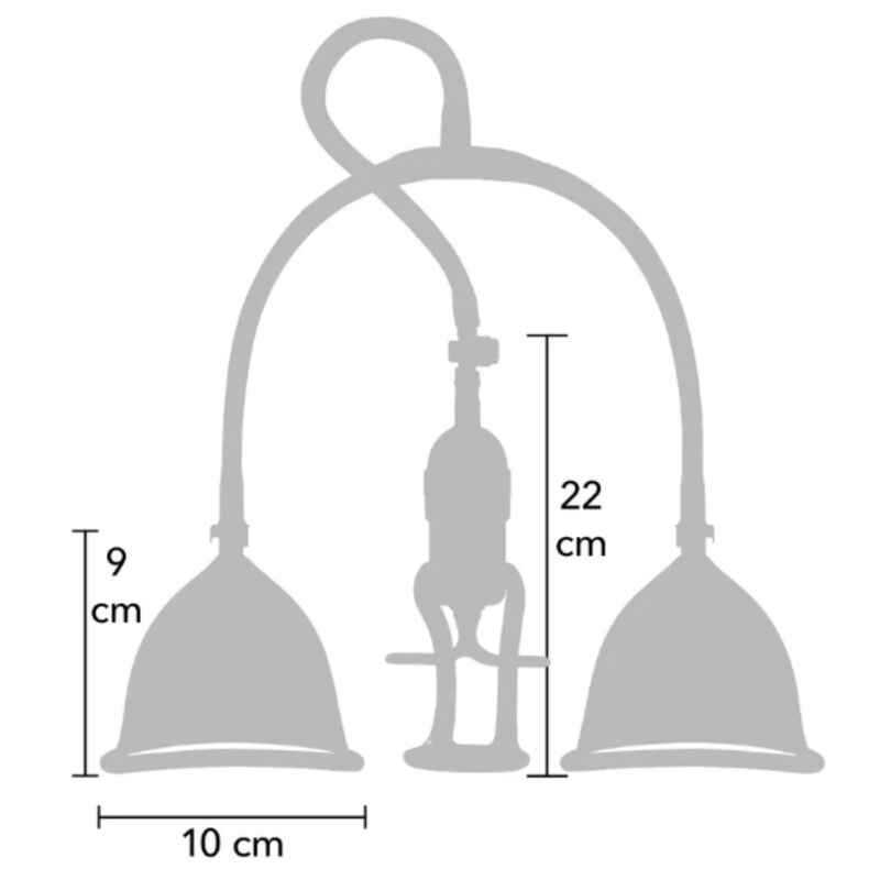 Schéma des dimensions en taille S/M : bonnets de 10 cm de diamètre sur 9 cm de hauteur, pompe manuelle de 22 cm