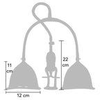 Schéma des dimensions en taille M/L : bonnets de 12 cm de diamètre sur 11 cm de hauteur, pompe manuelle de 22 cm