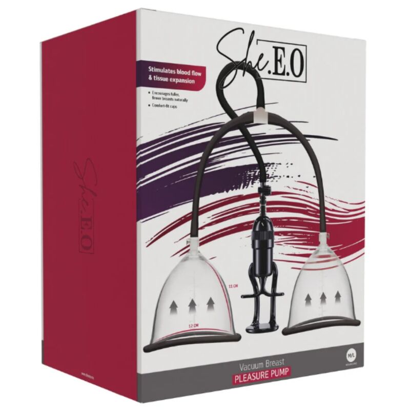 Boîte du coffret She.E.O Vacuum Breast Pleasure Pump, taille M/L, vue de trois quarts