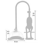 Schéma coté de la pompe à vide vaginale She.E.O : 22 cm de hauteur totale, ventouse de 8 cm de diamètre et 4,5 cm de hauteur