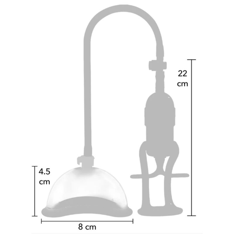 Schéma coté de la pompe à vide vaginale She.E.O : 22 cm de hauteur totale, ventouse de 8 cm de diamètre et 4,5 cm de hauteur