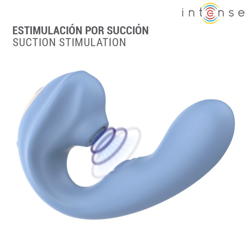 Gros plan sur la tête de succion du stimulateur Gina bleu, mention estimulación por succión
