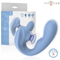 Stimulateur Gina bleu présenté avec son emballage Intense en arrière-plan, effet de vibration illustré par des cercles concentriques