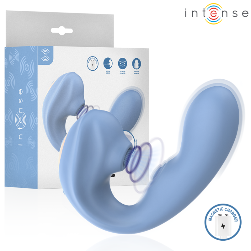 Stimulateur Gina bleu présenté avec son emballage Intense en arrière-plan, effet de vibration illustré par des cercles concentriques