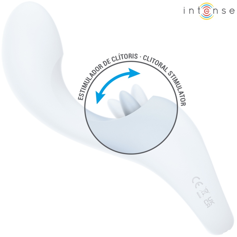 Anya stimulateur multifonctionnel lavande — gros plan sur le stimulateur clitoridien avec mention 'estimulador de clítoris' et flèche illustrant le mouvement oscillant
