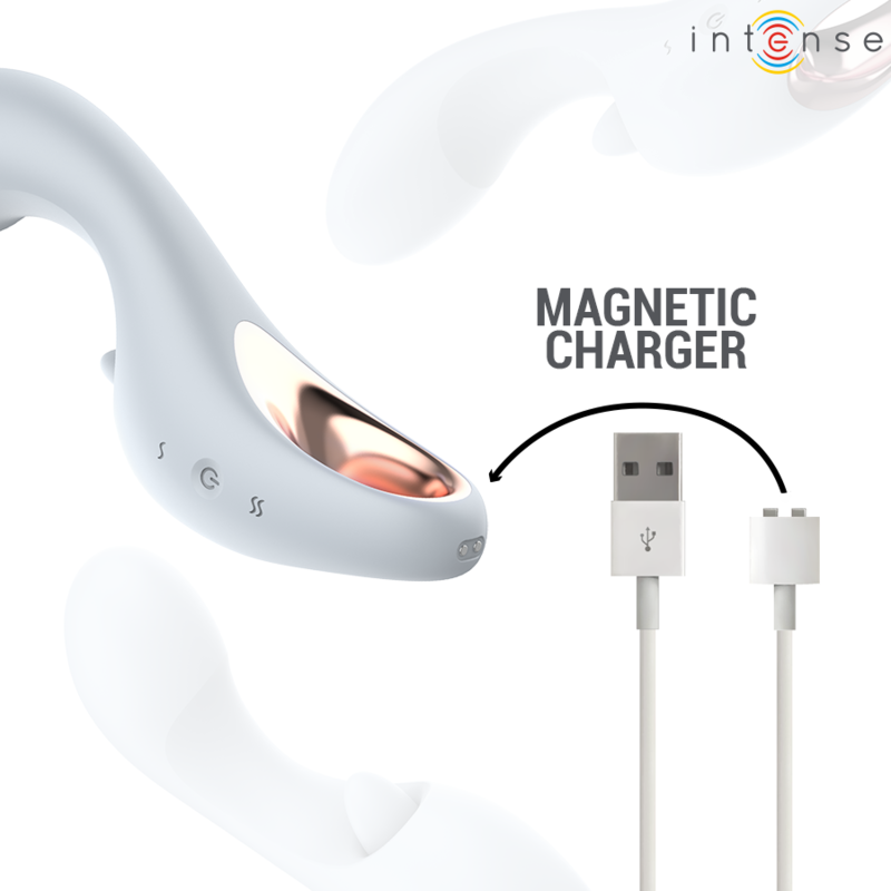 Anya stimulateur multifonctionnel lavande — gros plan sur l'anneau doré à la base avec détail du chargeur magnétique et du câble USB