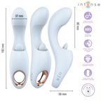 Anya stimulateur multifonctionnel lavande — trois vues du produit avec cotes des dimensions (183 mm de hauteur, tête 37 mm, largeur 58 mm) et grille de pictogrammes des caractéristiques