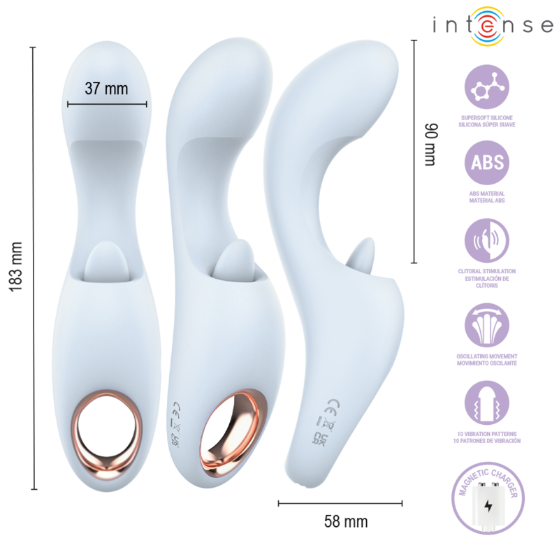 Anya stimulateur multifonctionnel lavande — trois vues du produit avec cotes des dimensions (183 mm de hauteur, tête 37 mm, largeur 58 mm) et grille de pictogrammes des caractéristiques