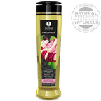 Flacon d'huile de massage Shunga Organica framboise, vu de face avec médaillon 'ingrédients naturels'