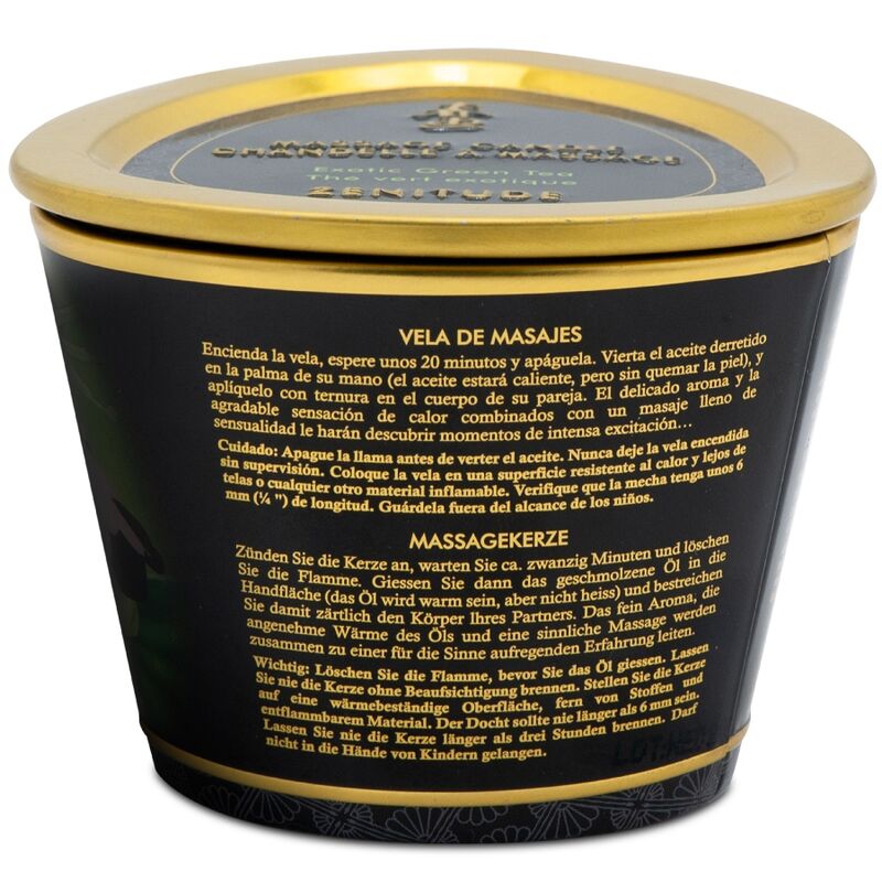 Dos de la boîte de bougie de massage Shunga avec mode d'emploi multilingue ; le couvercle visible porte la mention « Zenitude - Exotic Green Tea », un parfum différent de celui de cette fiche (mangue)