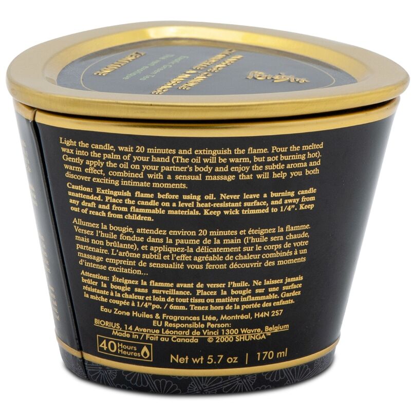 Dessous de la boîte de bougie de massage Shunga, mentions '40 Hours' et '5,7 oz | 170 ml', couvercle 'Zenitude' visible en partie haute