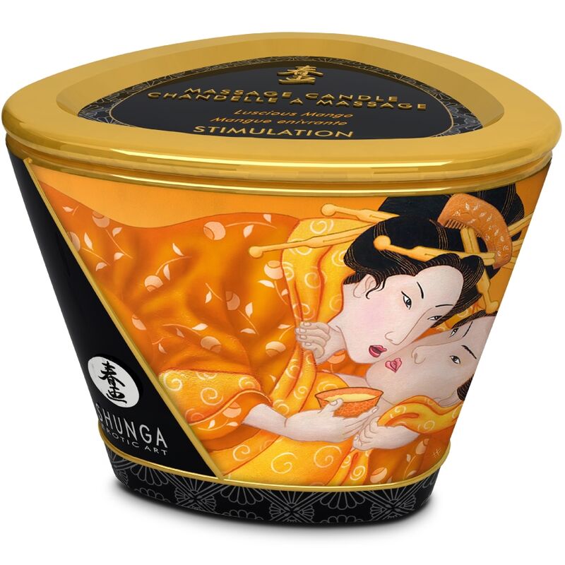 Boîte de la bougie de massage Shunga mangue fermée, vue de trois quarts avec le couvercle doré