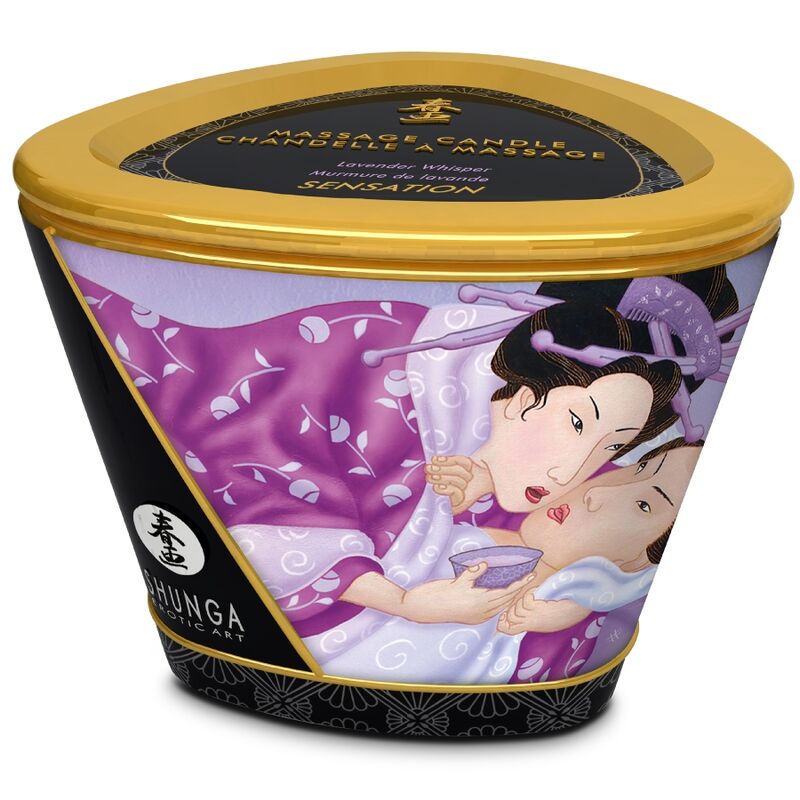 Boîte de la bougie de massage Shunga lavande fermée, vue de trois quarts, mention 'Lavender Whisper' sur le couvercle doré